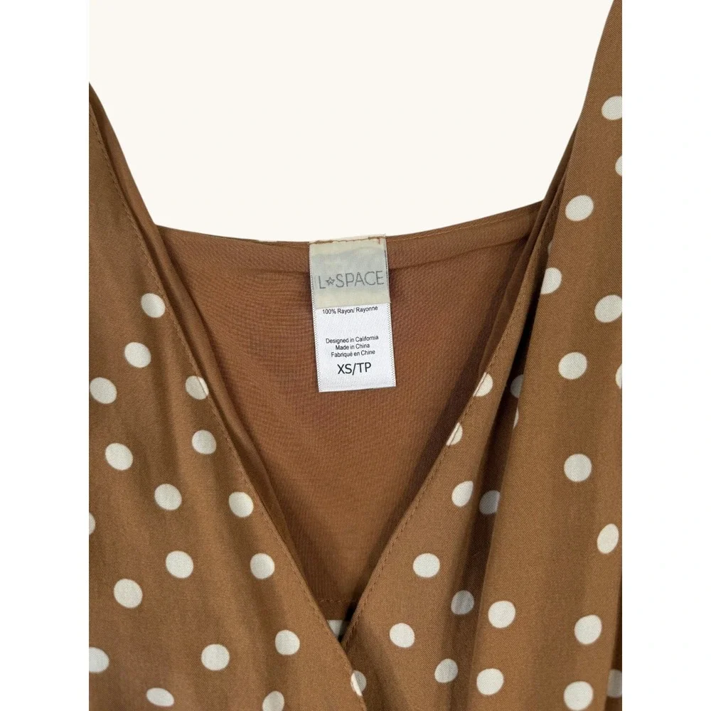 L*Space Brown Polka Dot Ruffle Wrap Maxi Dress XS Adjustable Straps Rayon
